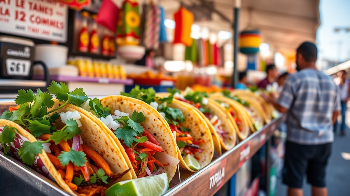 Colorful street tacos displayed at a busy Tijuana food market stall, with fresh cilantro, onions, and lime, vibrant afternoon sunlight, outdoor setting