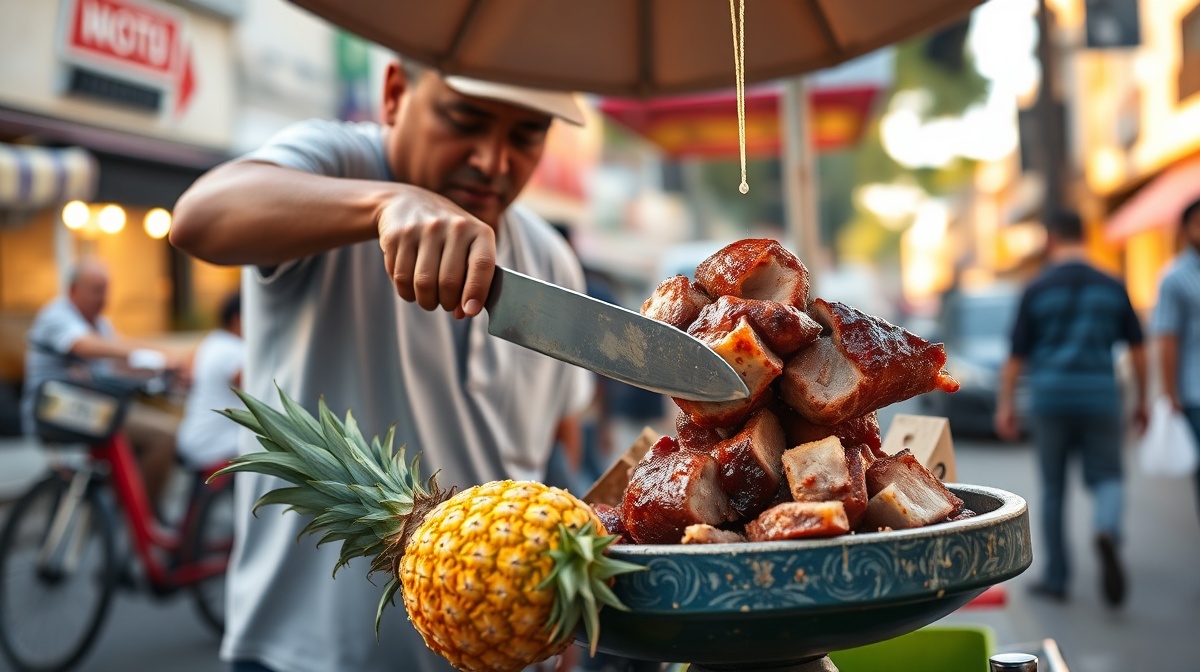 Street vendor skillfully slicing carne asada meat from a trompo, with fresh pineapple visible, warm lighting from late afternoon, busy street background