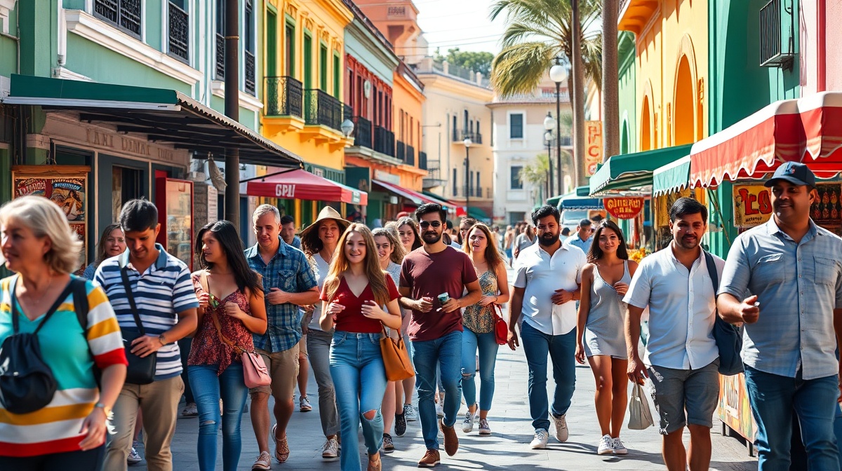 Group of diverse food tour participants walking through a colorful Tijuana street market, morning light, historic buildings, vendor stalls visible