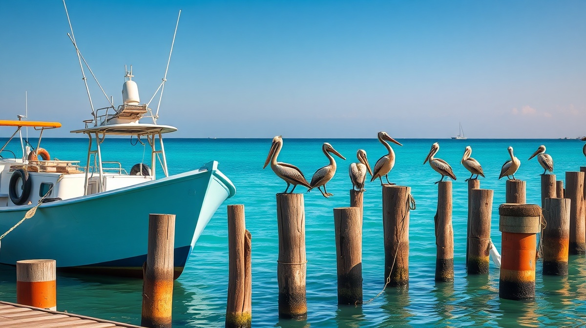 A fishing boat docked at San Felipe marina at sunrise, with pelicans perched on wooden pilings and turquoise water reflecting morning light