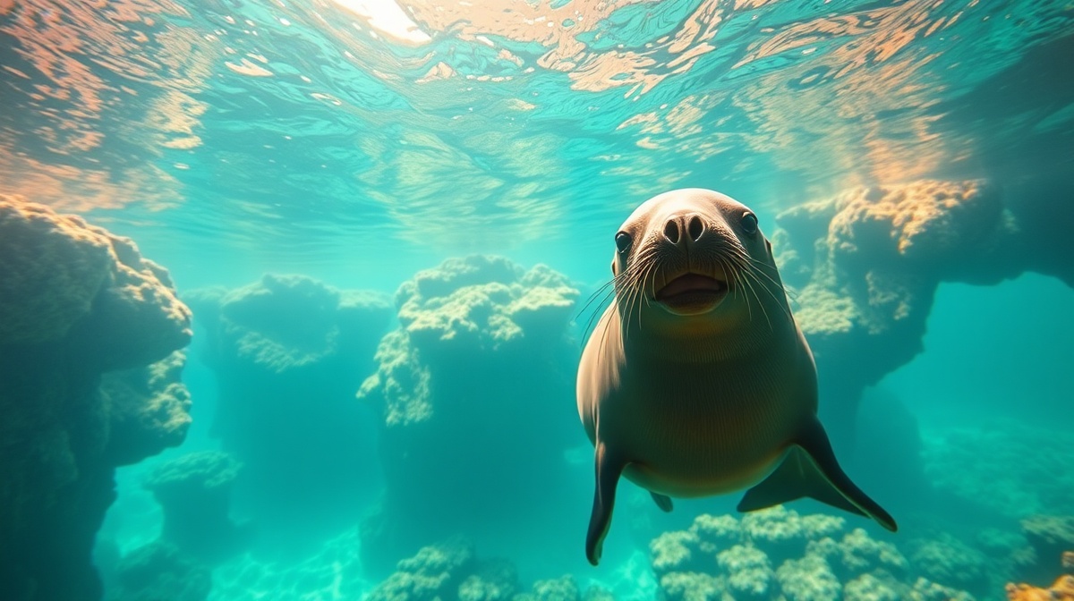 A sea lion swimming underwater near colorful coral formations in clear turquoise water, with sunlight filtering from above