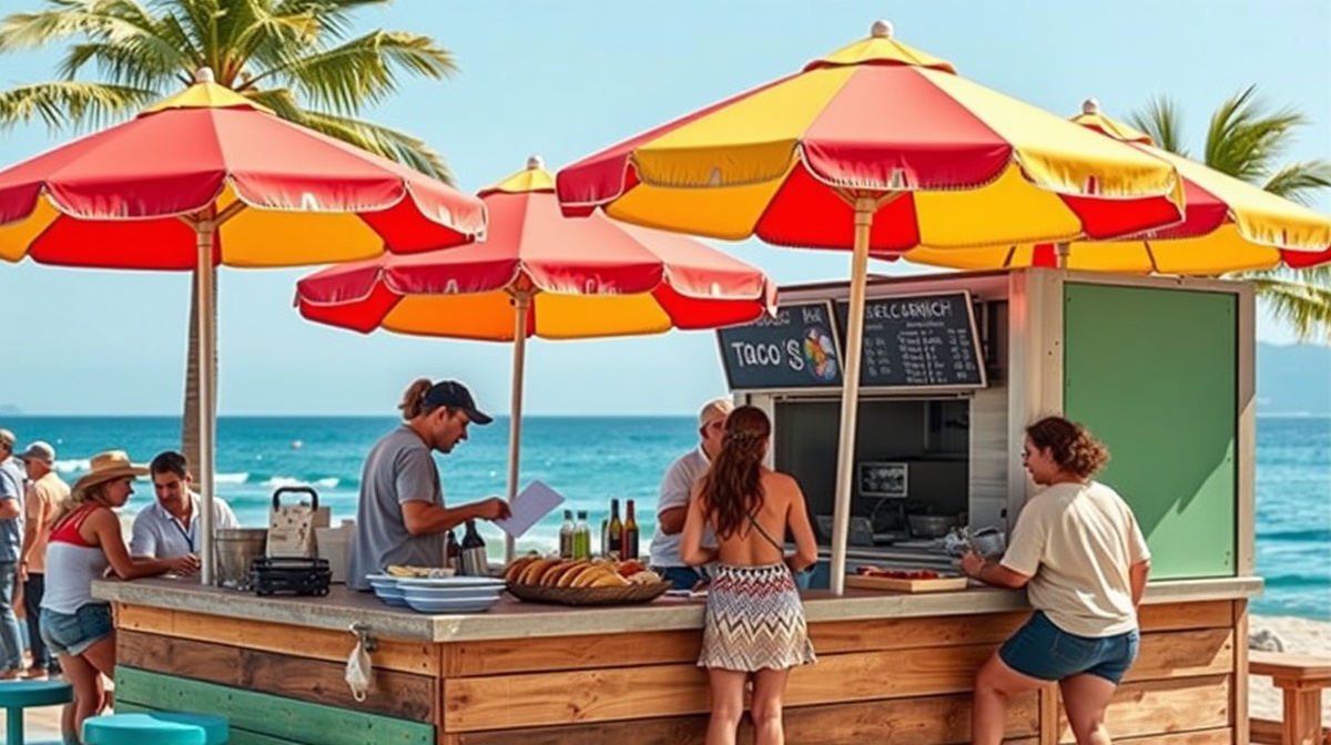 A colorful taco stand with umbrellas in a Baja coastal town, vendors preparing fish tacos, customers eating at a wooden counter, palm trees and ocean visible in background